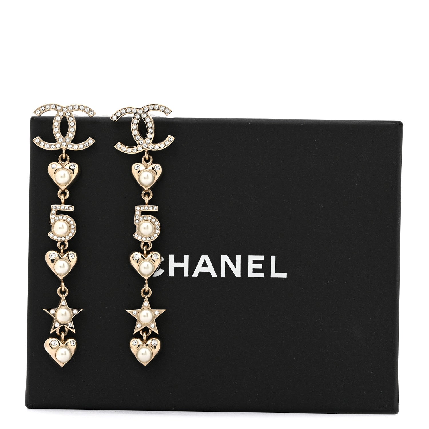 Chanel Crystal Pearl Charming Winter CC Star Heart Drop Earrings Gold 6 of 6