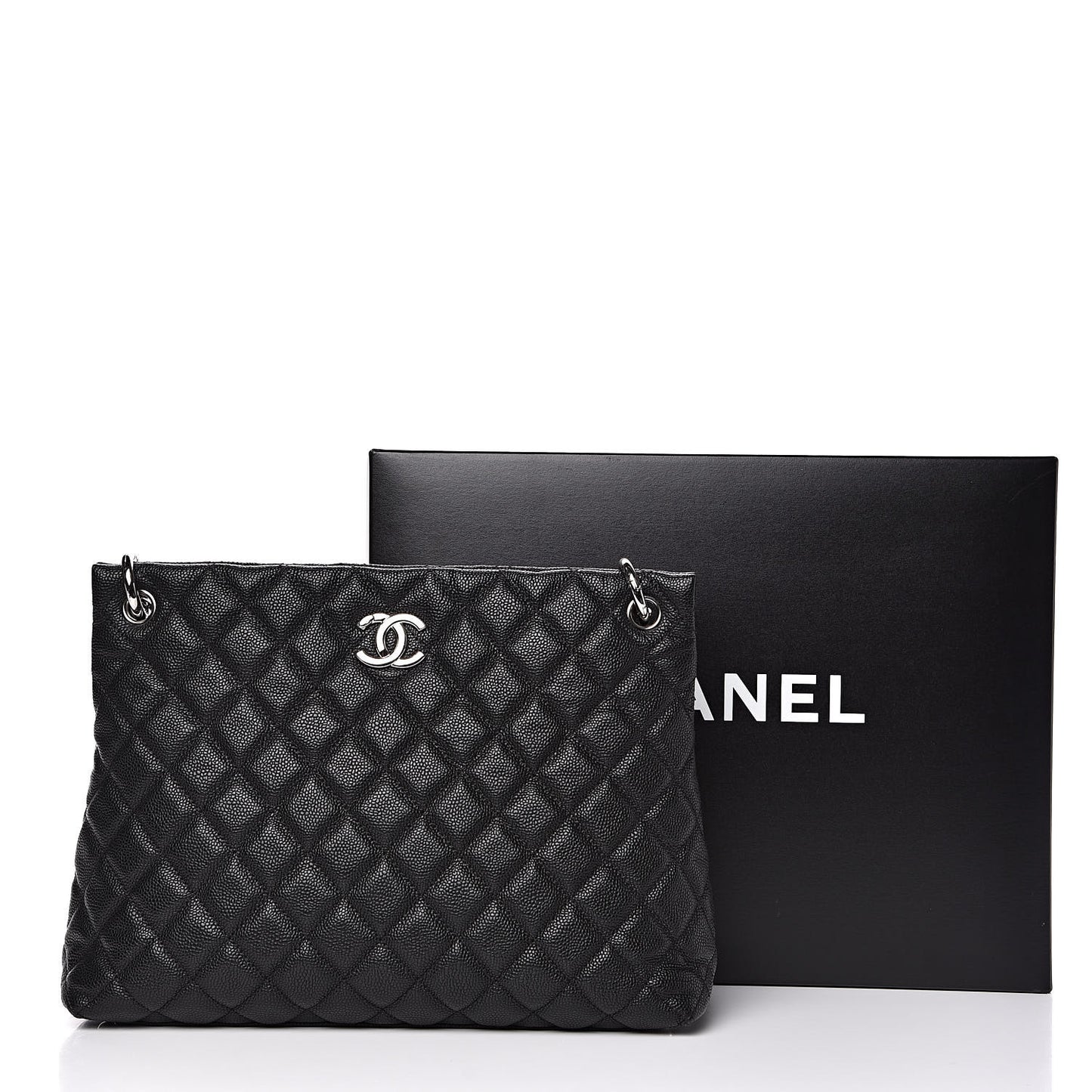 Caviar Quilted Large CC Shopping Tote Black