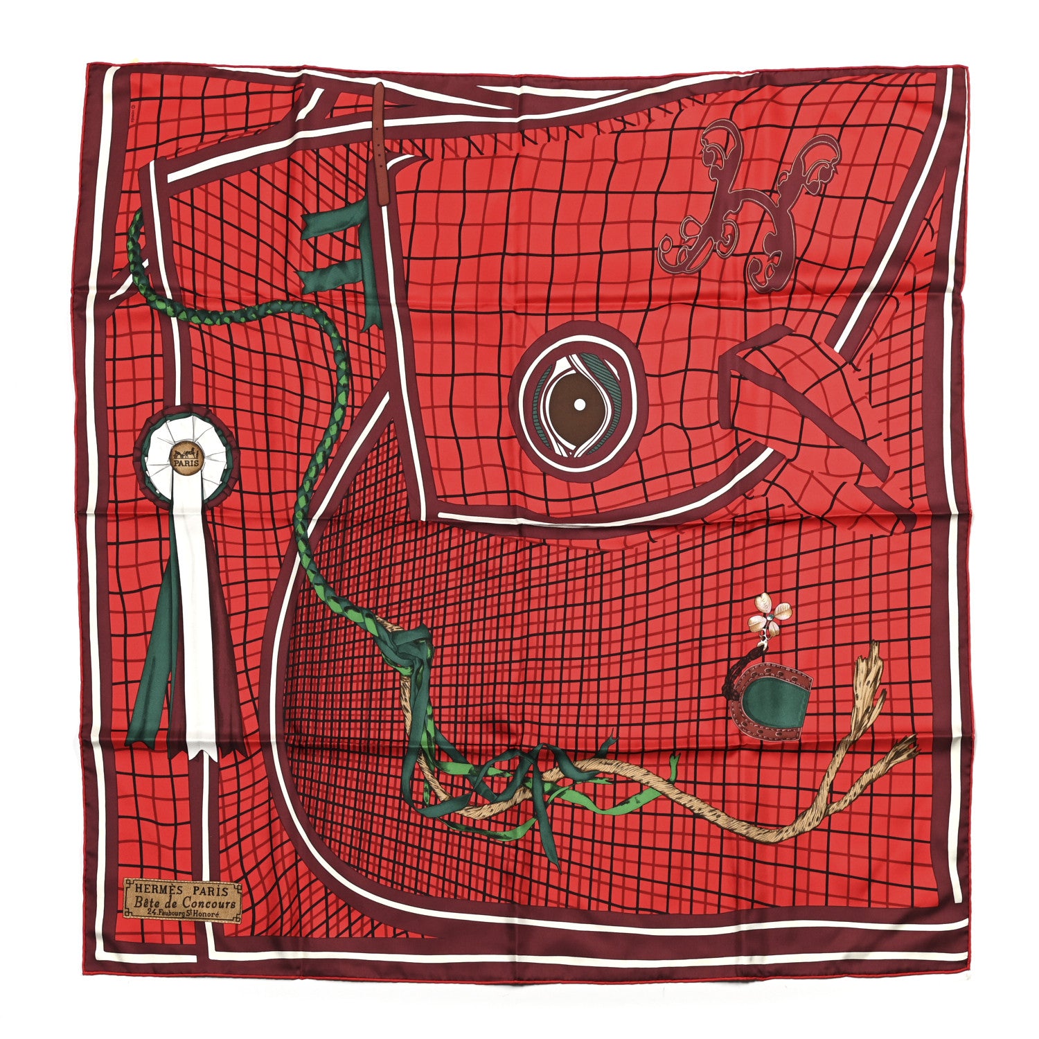 Hermes Cashmere Silk Bete De Concours Scarf 90 Bordeaux Rouge Piment Vert Vif 1 of 5