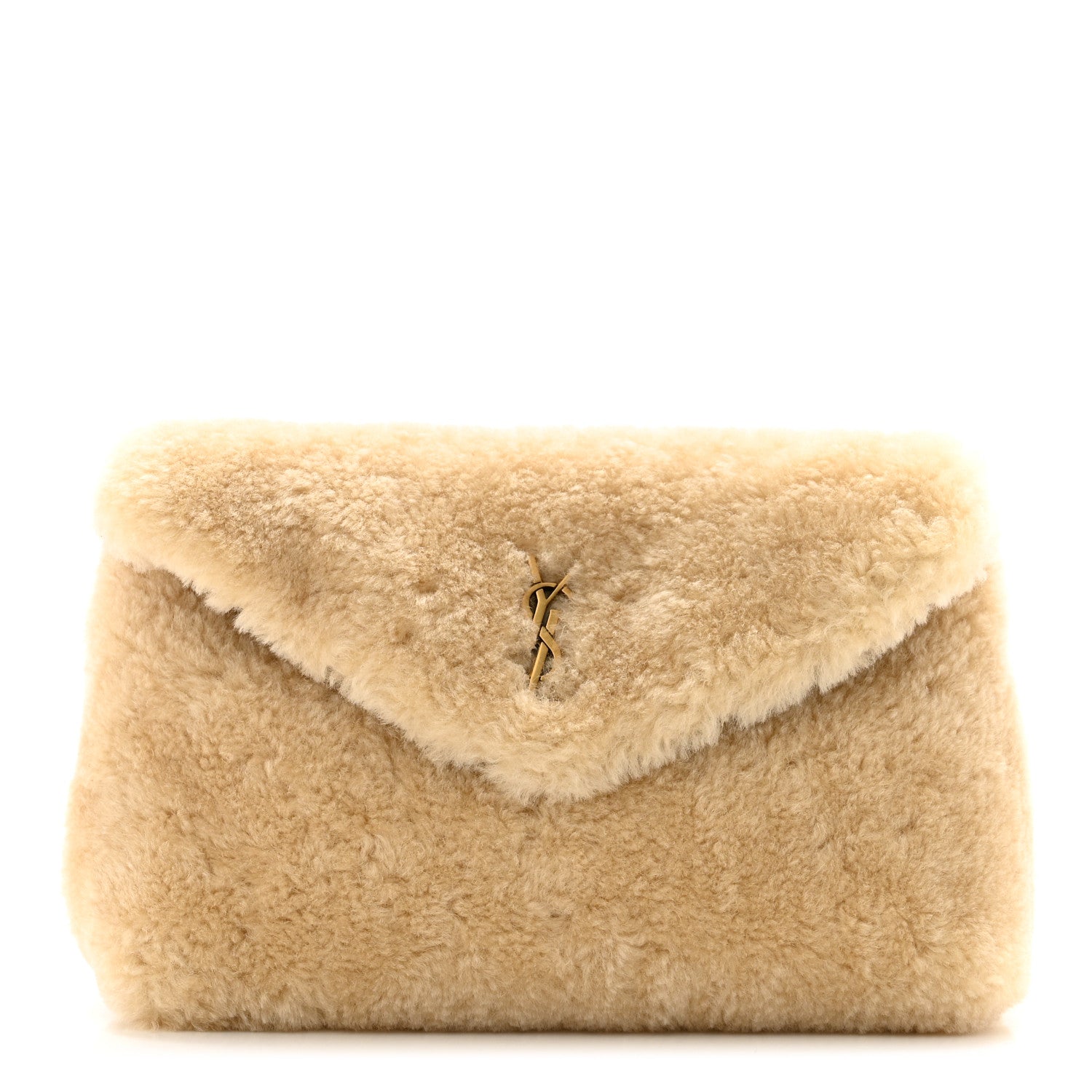 Saint Laurent Shearling Quilted Monogram Loulou Puffer Pouch Clutch Natural Beige Brick 1 of 8