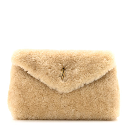 Saint Laurent Shearling Quilted Monogram Loulou Puffer Pouch Clutch Natural Beige Brick 1 of 8