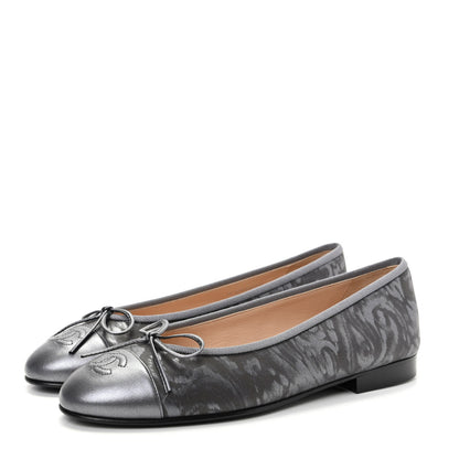 Chanel Metallic Lambskin Camellia CC Cap Toe Ballerina Flats 36.5 Dark Grey 3 of 11