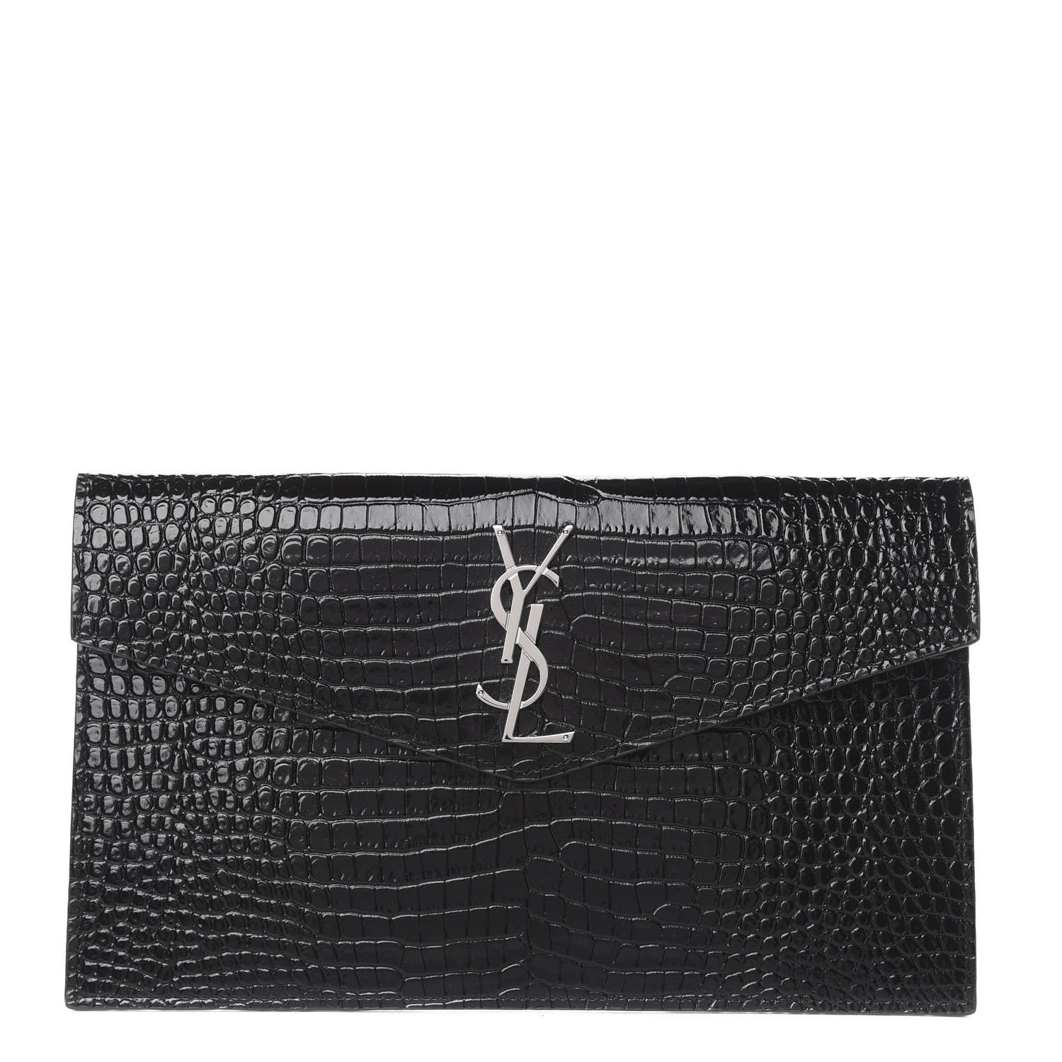 Saint Laurent Calfskin Crocodile Embossed Uptown Monogram Clutch Black 1 of 8