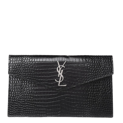 Saint Laurent Calfskin Crocodile Embossed Uptown Monogram Clutch Black 1 of 8
