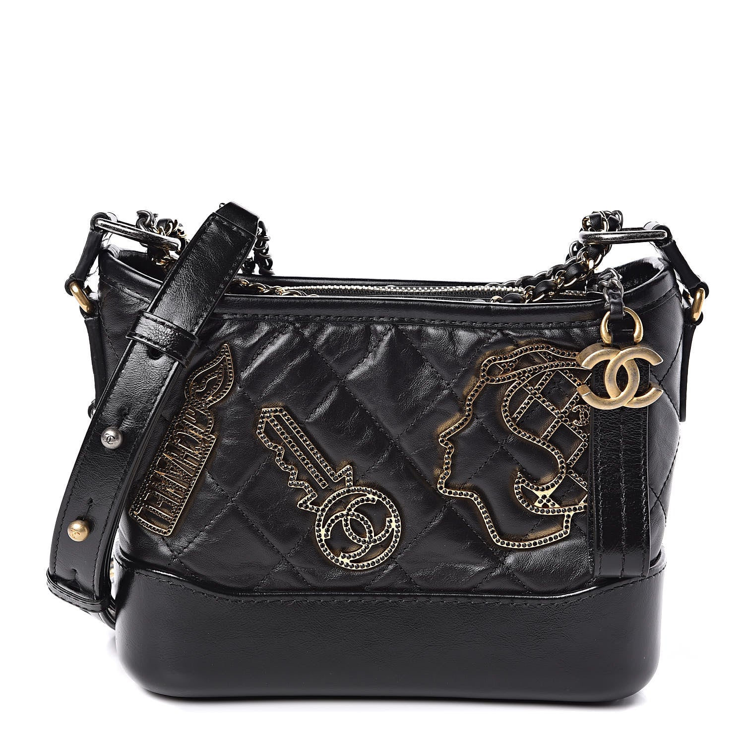 Chanel Aged Calfskin Quilted Charms Small Gabrielle Hobo Black 2 of 11