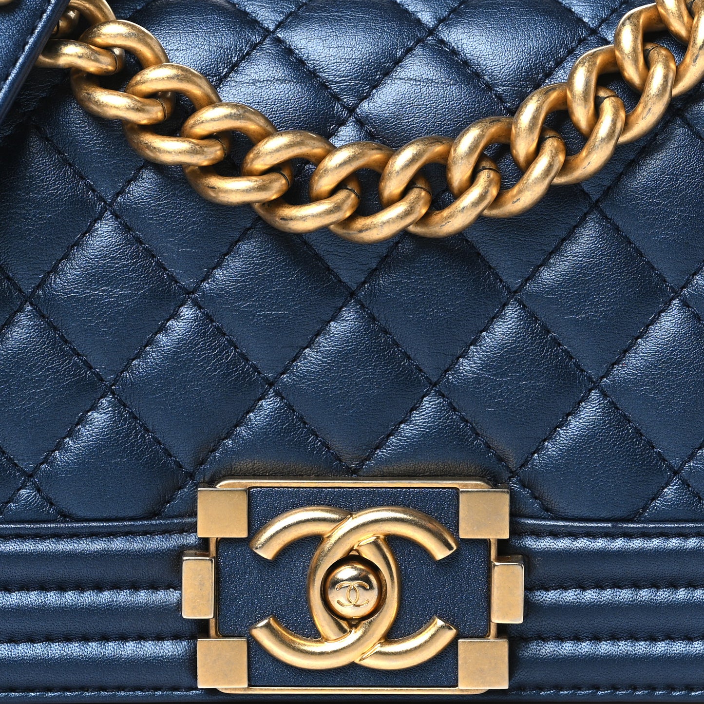Metallic Calfskin Quilted Small Boy Flap Blue