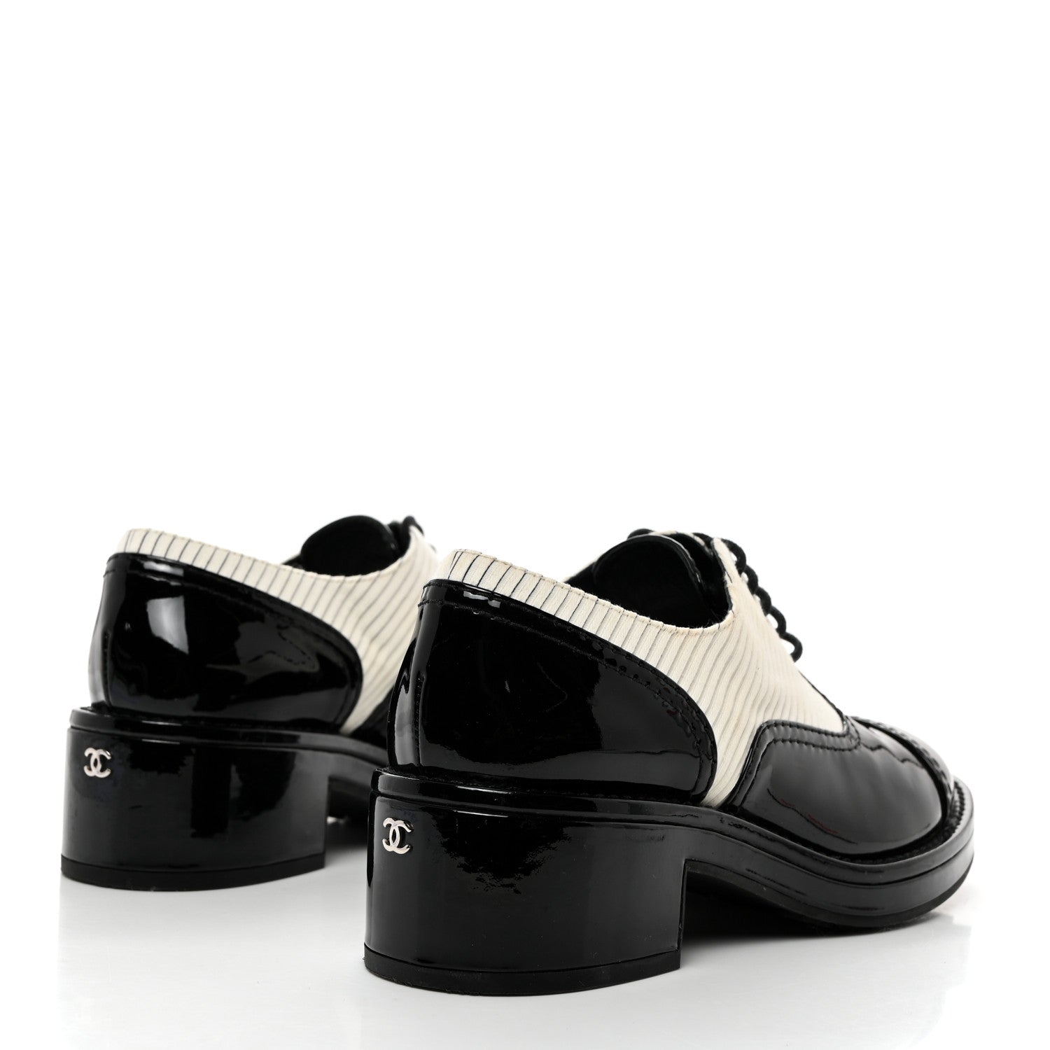 Chanel Patent Tweed CC Lace Up Oxfords 37 Black White 4 of 8