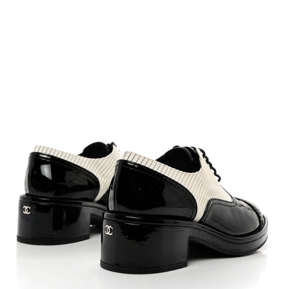 Chanel Patent Tweed CC Lace Up Oxfords 37 Black White 4 of 8
