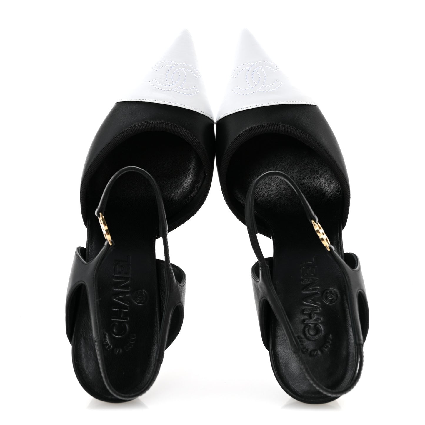 Lambskin Pointed Cap Toe CC Slingback Pumps 38 Black White