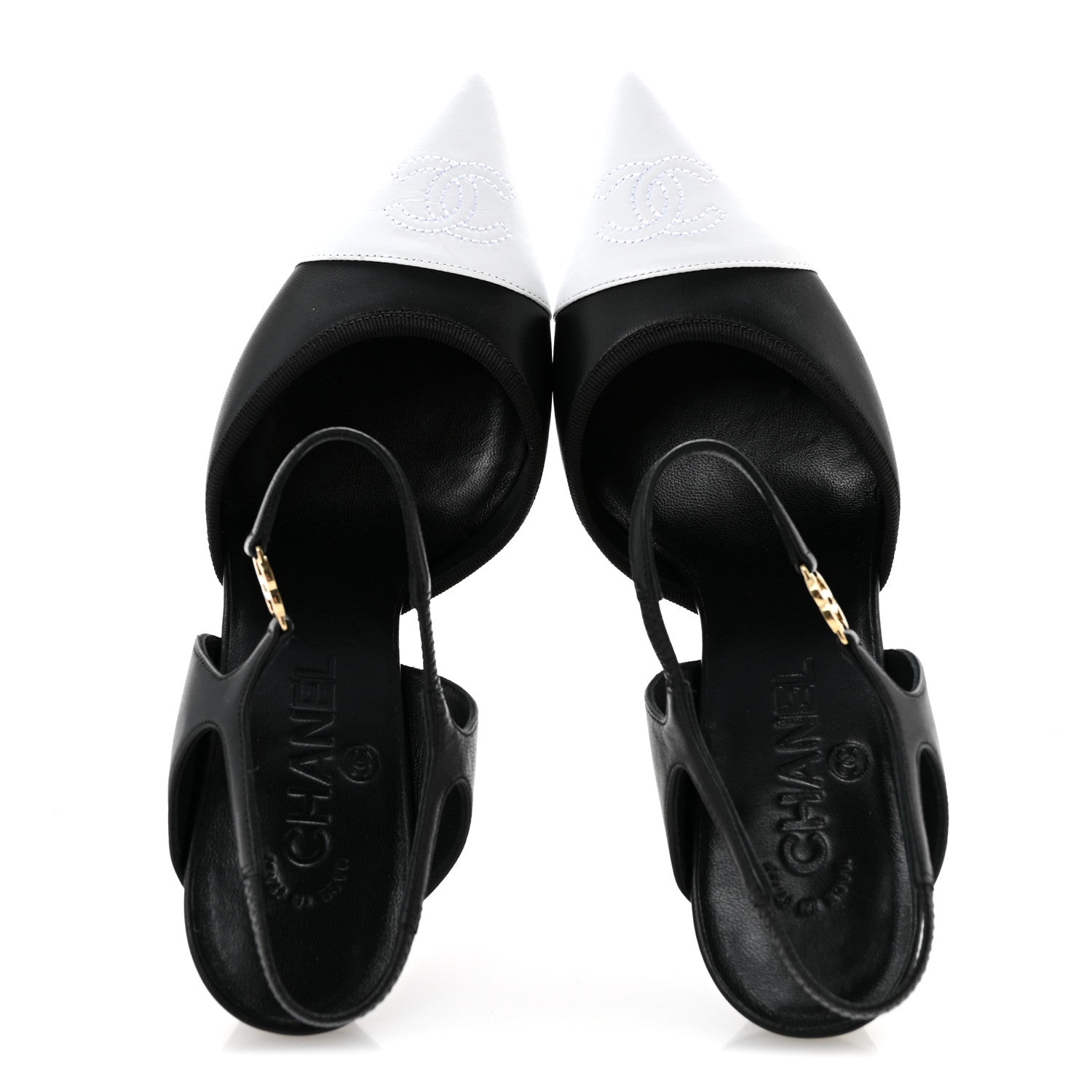 Chanel Lambskin Pointed Cap Toe CC Slingback Pumps 38 Black White 2 of 10