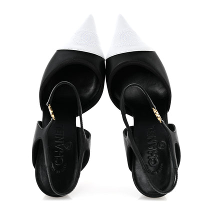 Chanel Lambskin Pointed Cap Toe CC Slingback Pumps 38 Black White 2 of 10