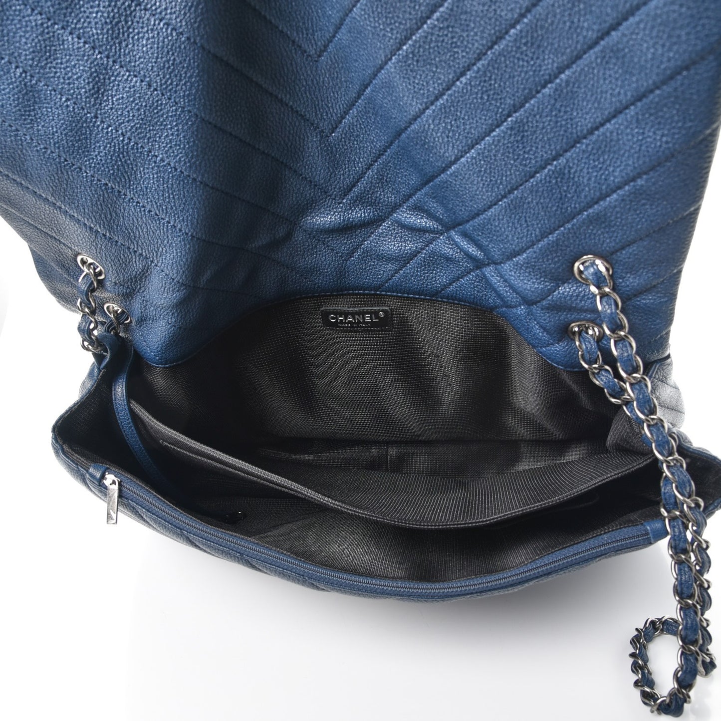 Calfskin Chevron Quilted XXL Travel Flap Bag Blue