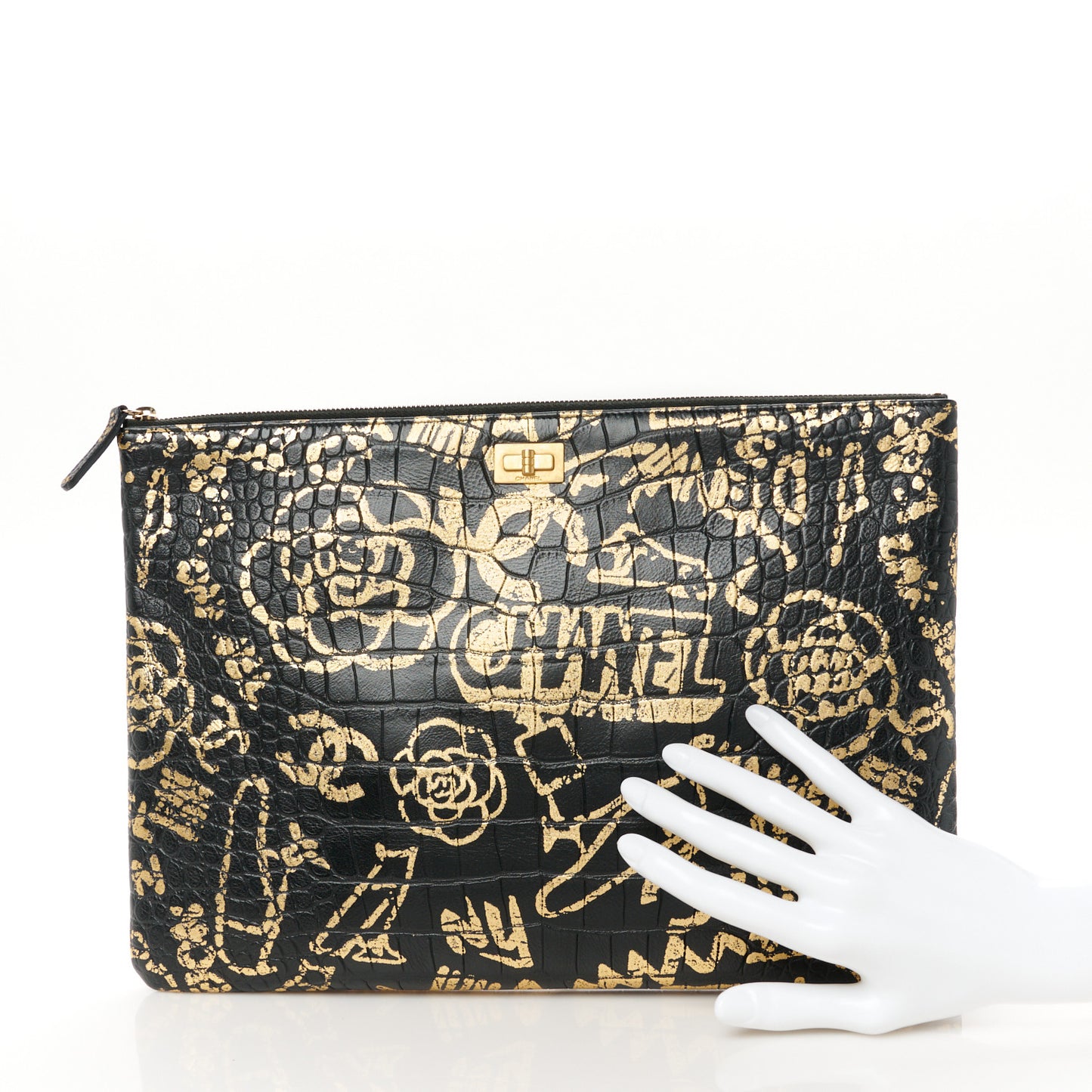 Calfskin Crocodile Embossed Graffiti 2.55 Medium Cocodile Reissue Cosmetic Case Black Gold