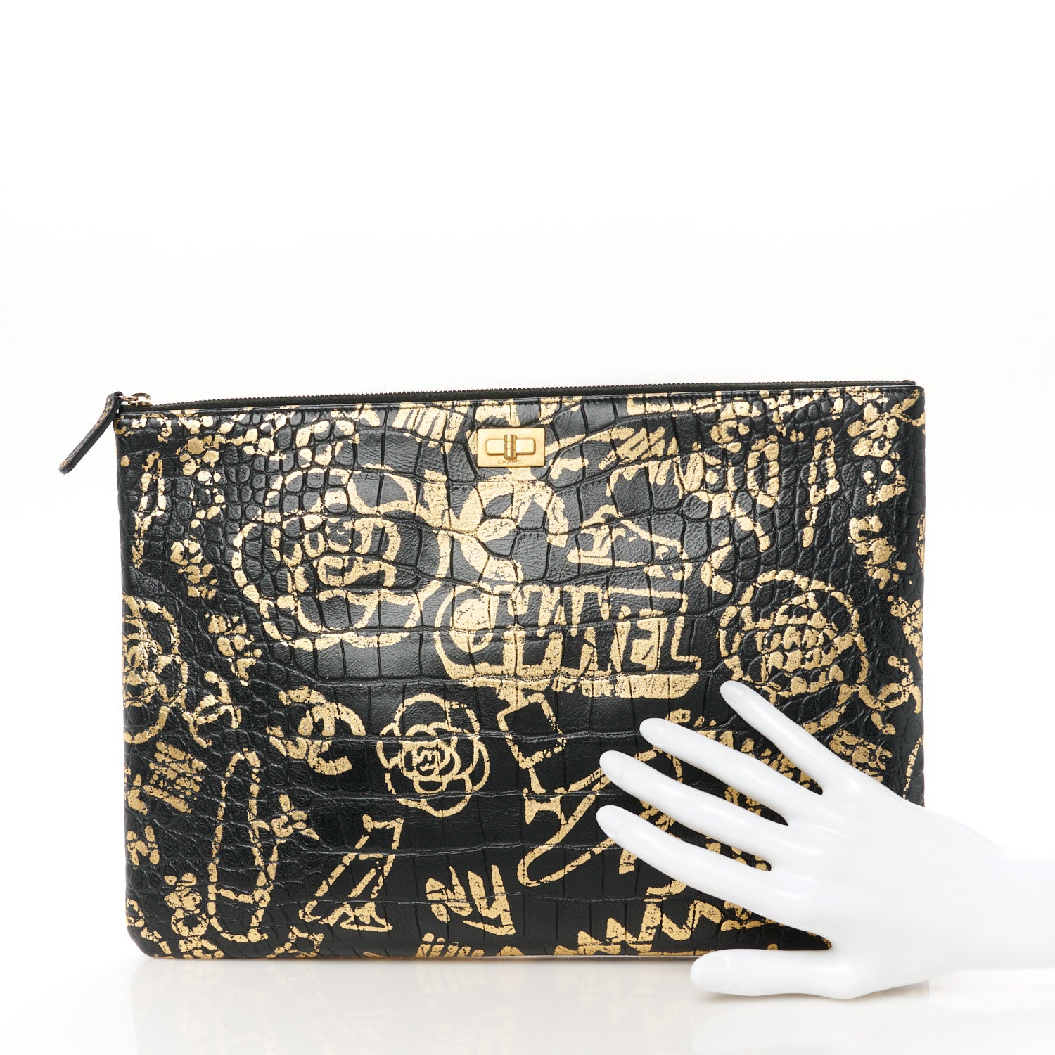 Chanel Calfskin Crocodile Embossed Graffiti 2.55 Medium Cocodile Reissue Cosmetic Case Black Gold 2 of 9
