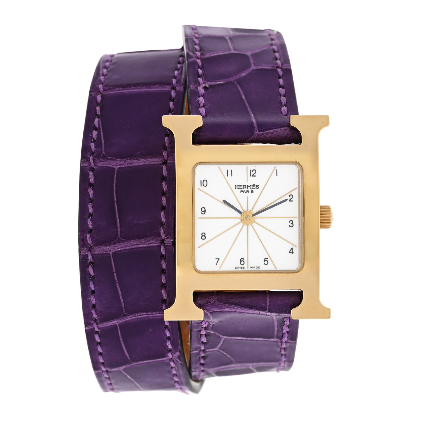 Stainless Steel Alligator 21mm Heure H Hour Double Tour Quartz Watch Amethyst