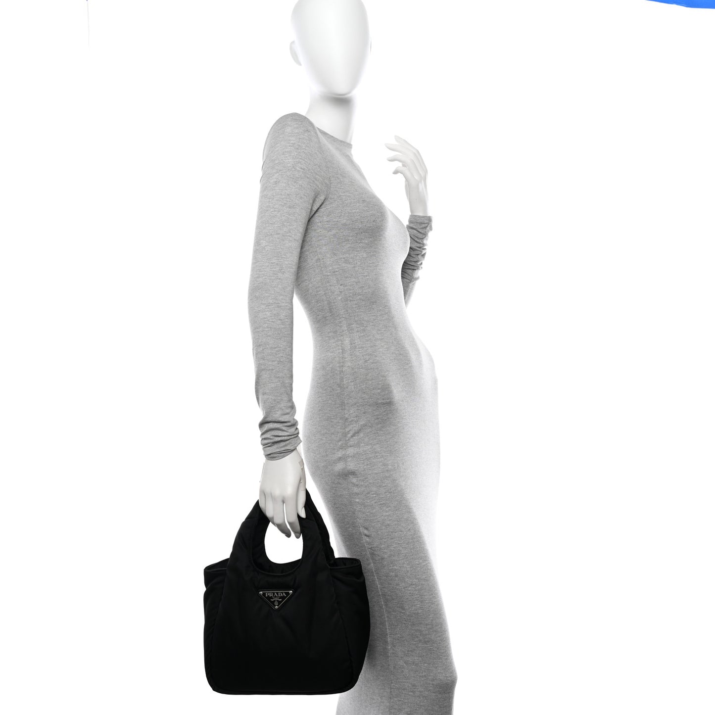 Re-Nylon Soft Padded Small Double Handled Shoulder Bag Black