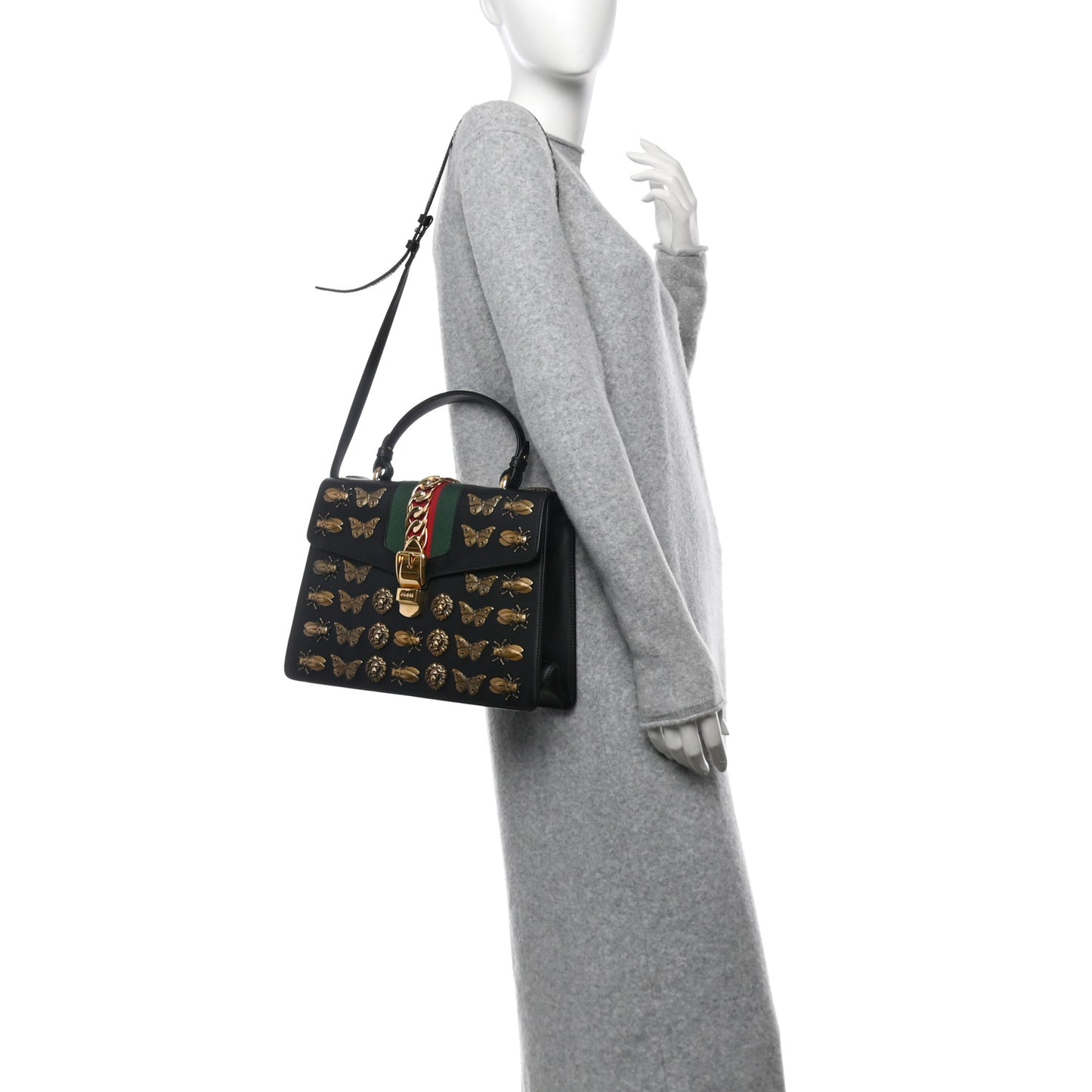 Calfskin Animal Studs Medium Sylvie Top Handle Bag Black