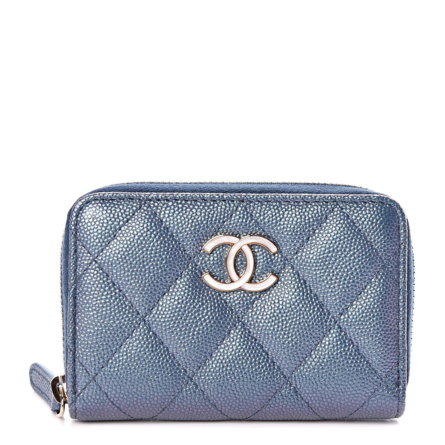 Iridescent Caviar Quilted Zip Coin Purse Blue
