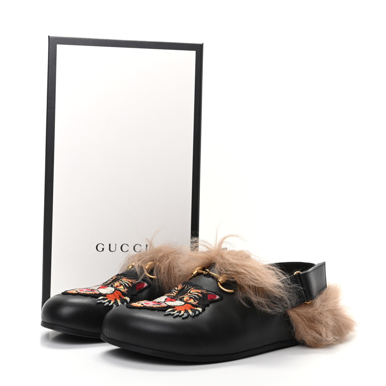 Gucci Calfskin Fur Angry Cat Embroidered Mens Horsebit River Slingback Slippers 9 Black 8 of 8