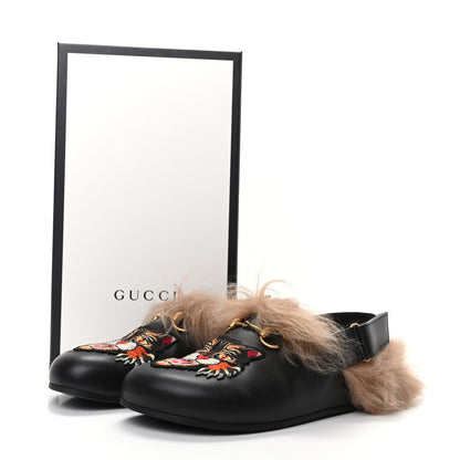 Gucci Calfskin Fur Angry Cat Embroidered Mens Horsebit River Slingback Slippers 9 Black 8 of 8