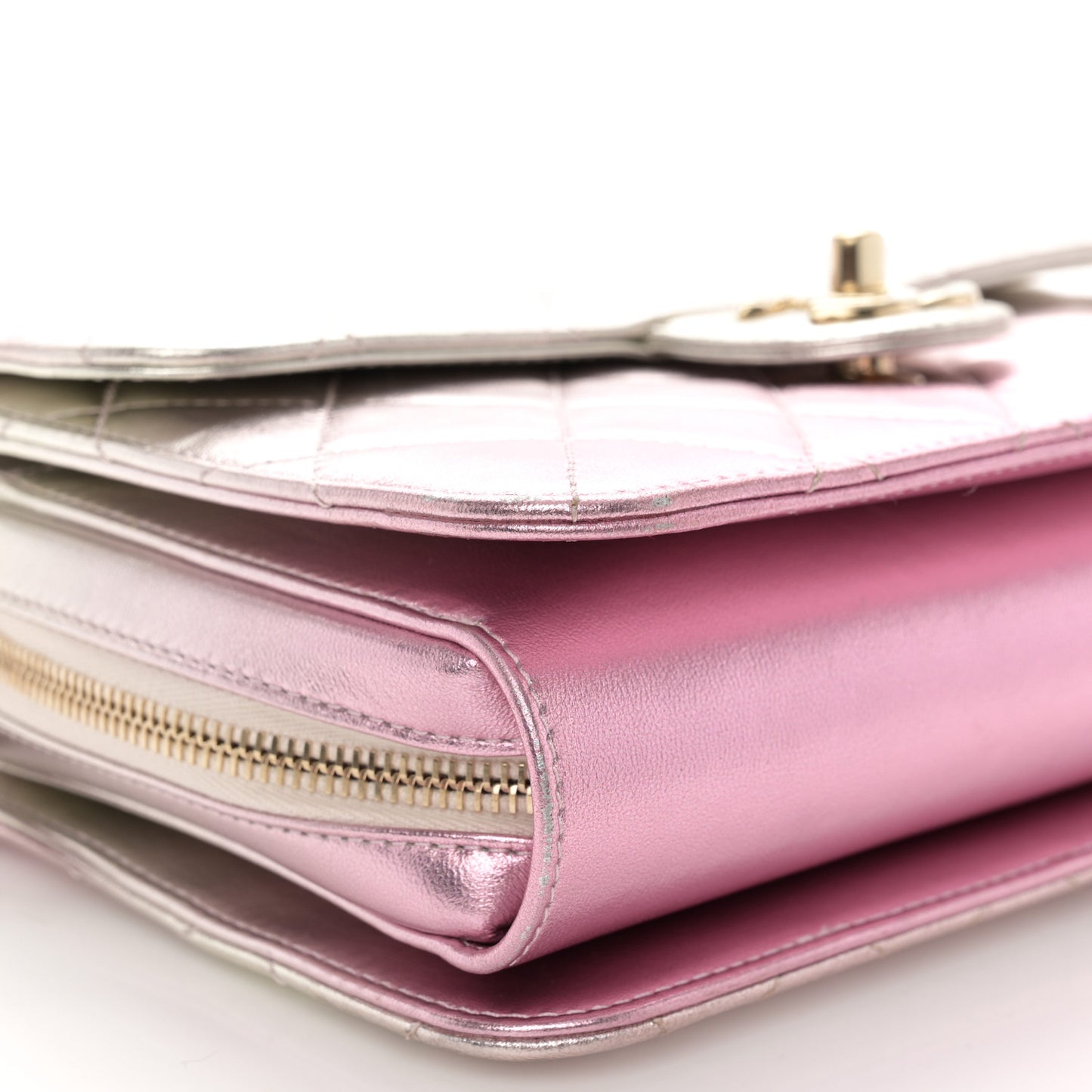 Metallic Lambskin Quilted Large Like A Wallet Flap Golden Pink