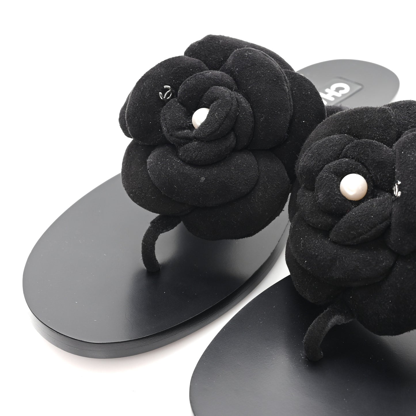 Suede Kidskin Pearl Camellia Thong Sandals 38.5 Black