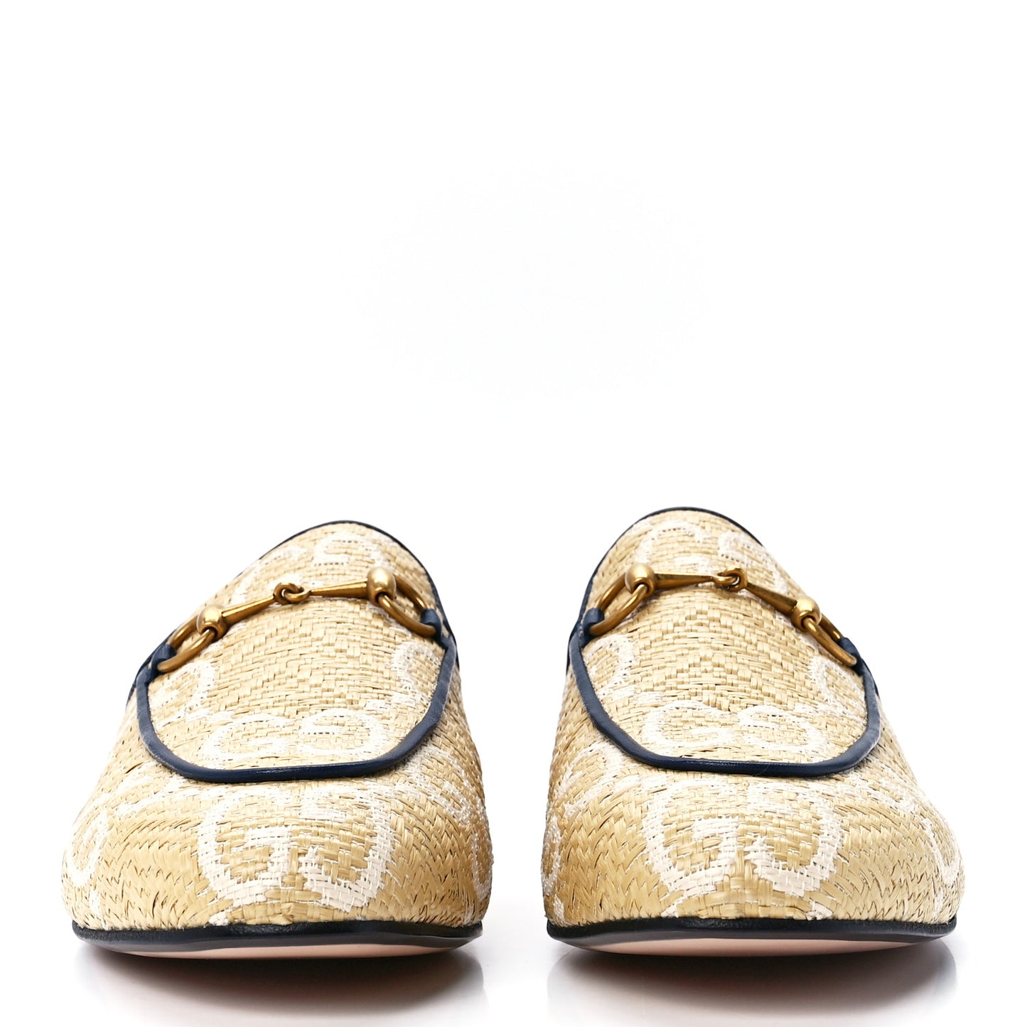 Raffia Malaga Kid GG Monogram Chevron Horsebit Womens Princetown Slippers 38.5 Natural Mystic White Blue Agata