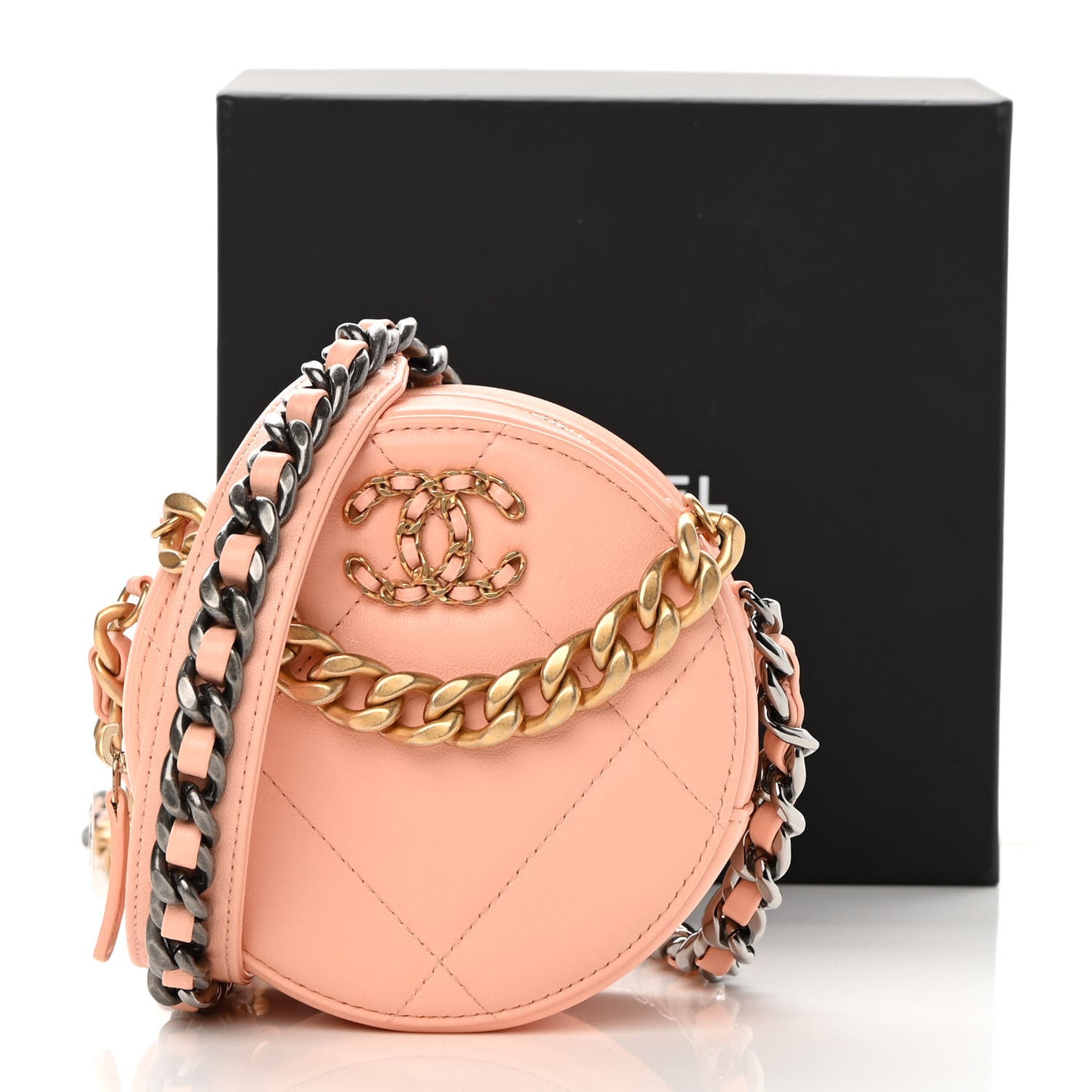 Lambskin Quilted Chanel 19 Round Clutch With Chain Light Orange