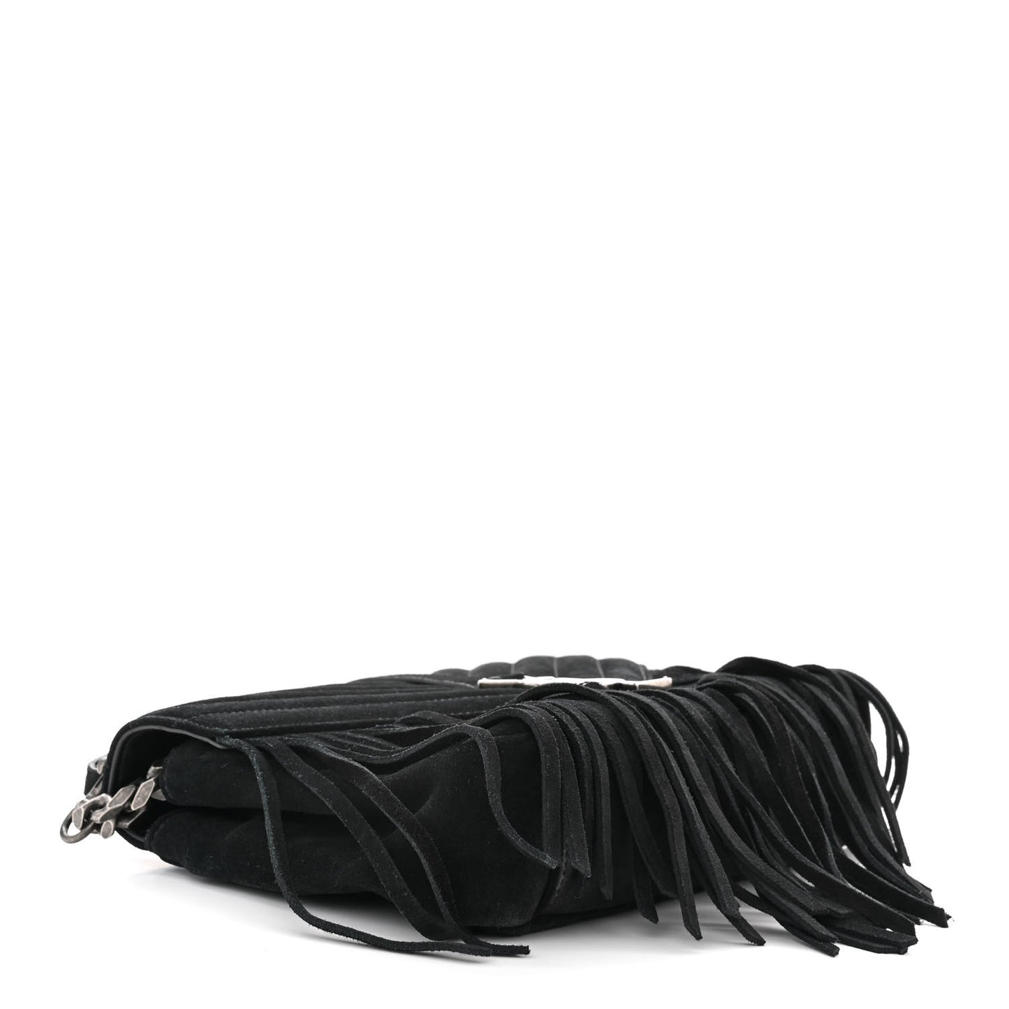 Suede Matelasse Chevron Fringe Monogram Medium College Bag Black