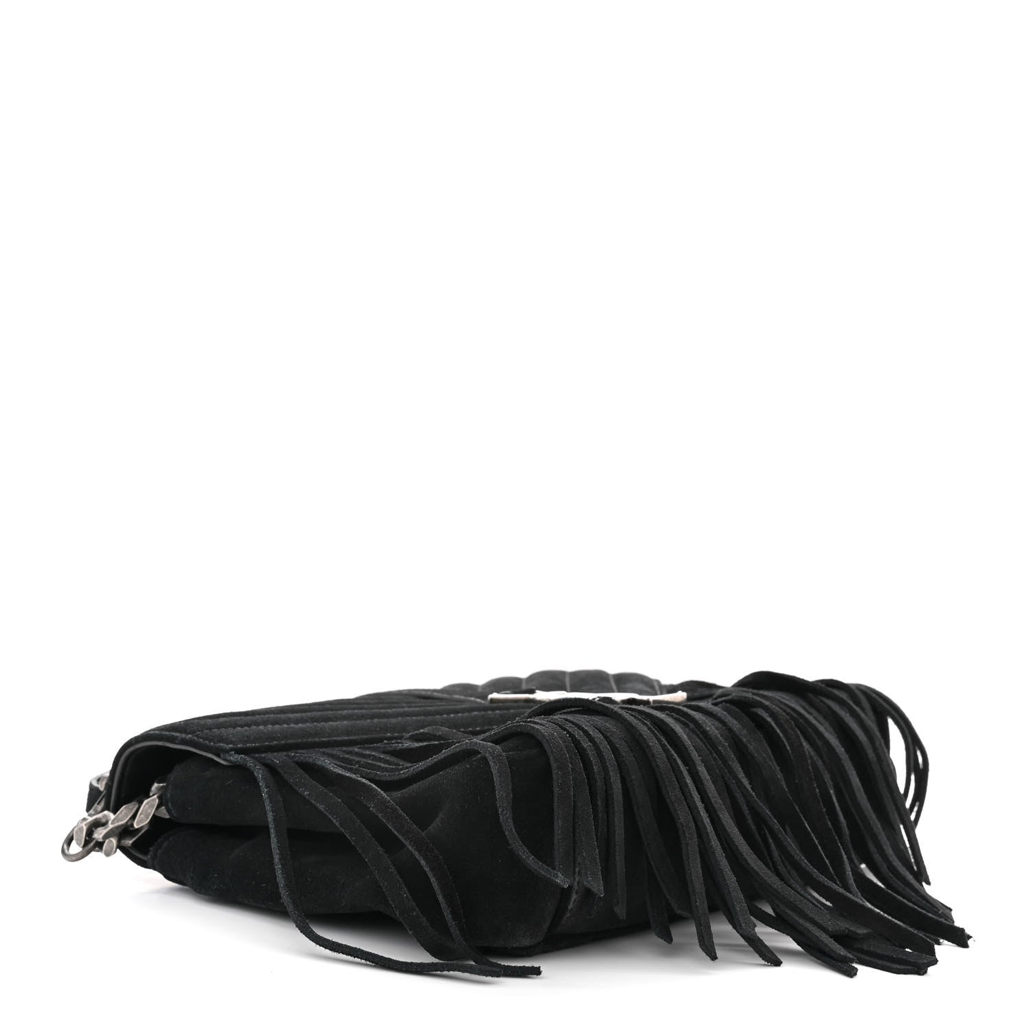 Saint Laurent Suede Matelasse Chevron Fringe Monogram Medium College Bag Black 4 of 11