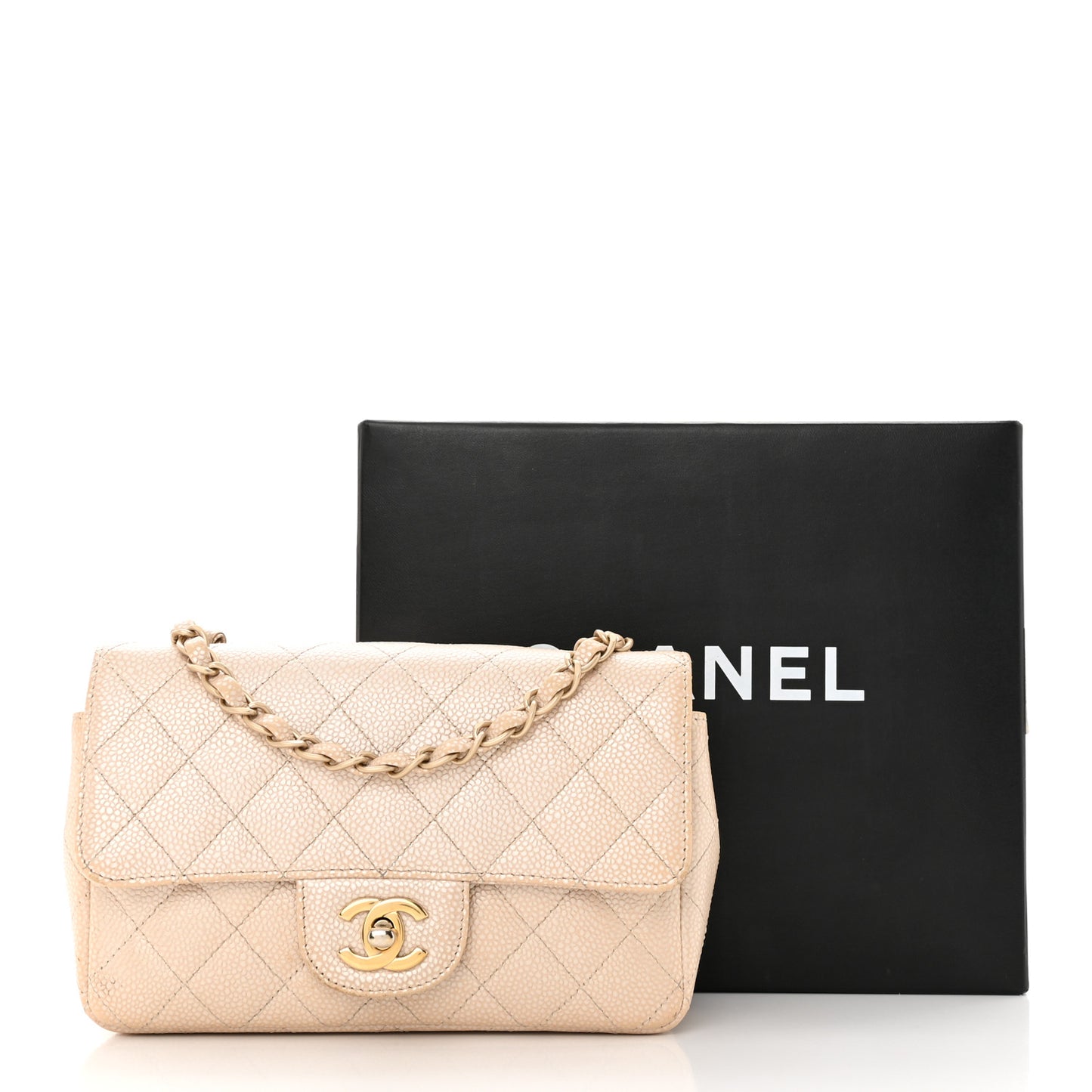 Pearly Caviar Quilted Mini Rectangular Flap Beige
