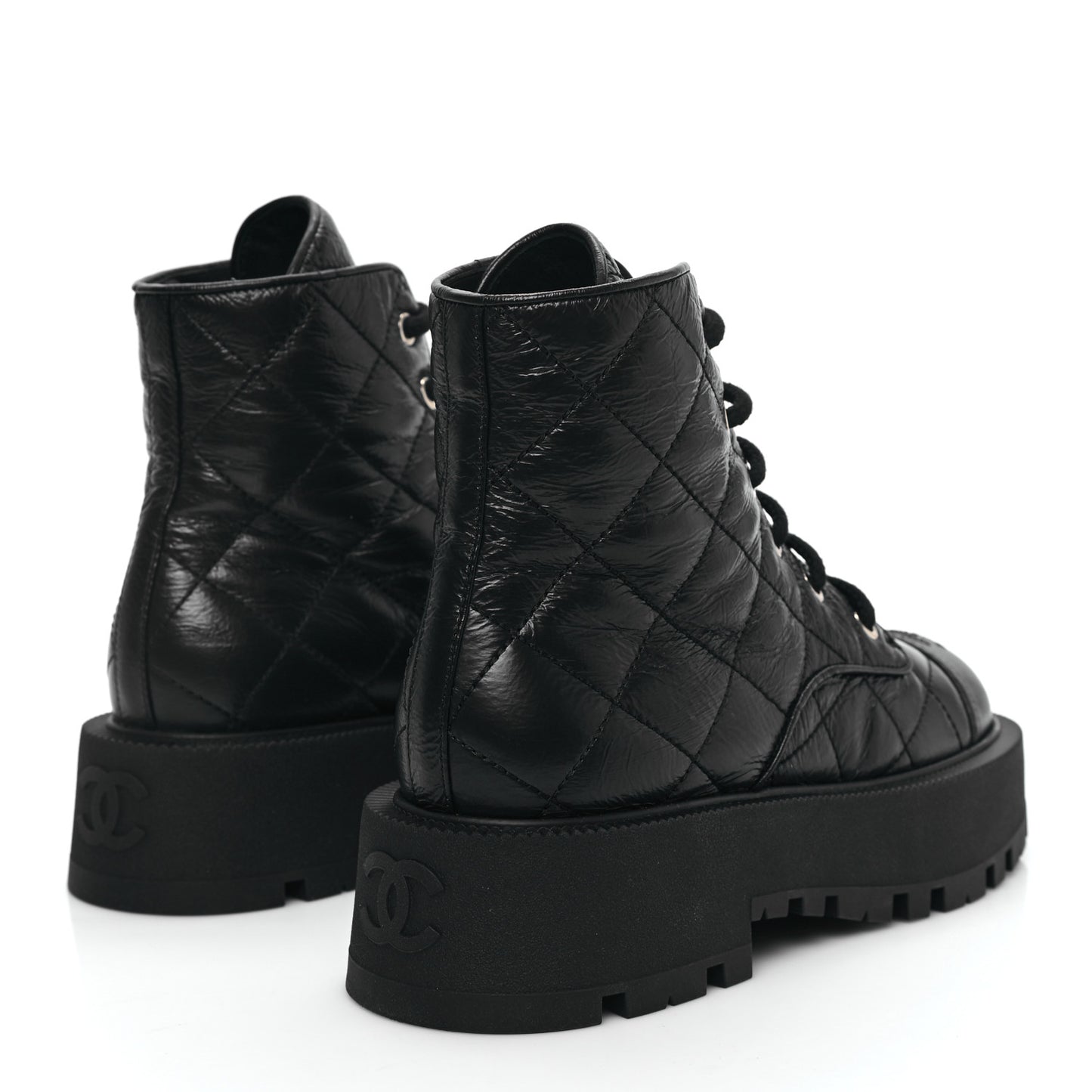 Crumpled Lambskin Quilted Platform Lace Up Combat Boots 36 Black