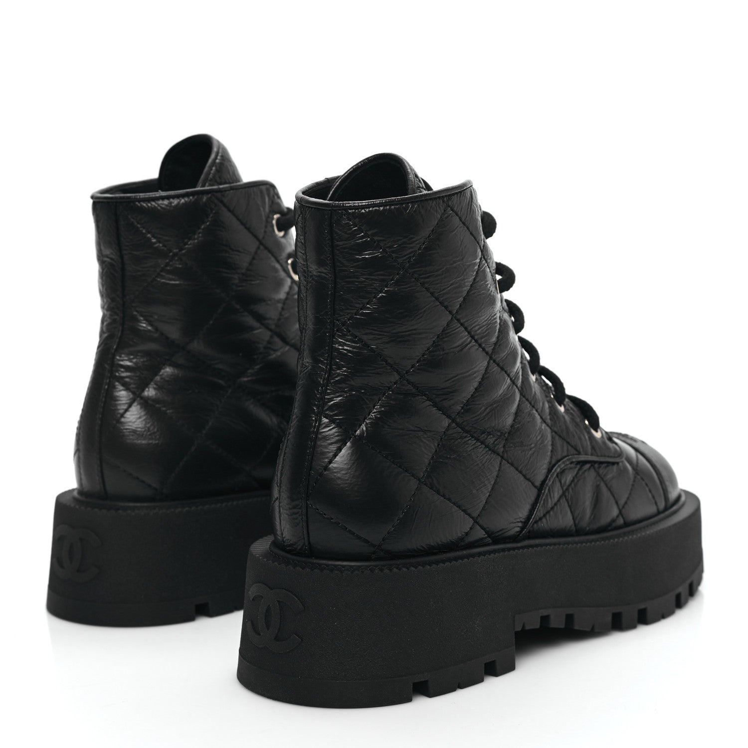 Chanel Crumpled Lambskin Quilted Platform Lace Up Combat Boots 36 Black 4 of 8