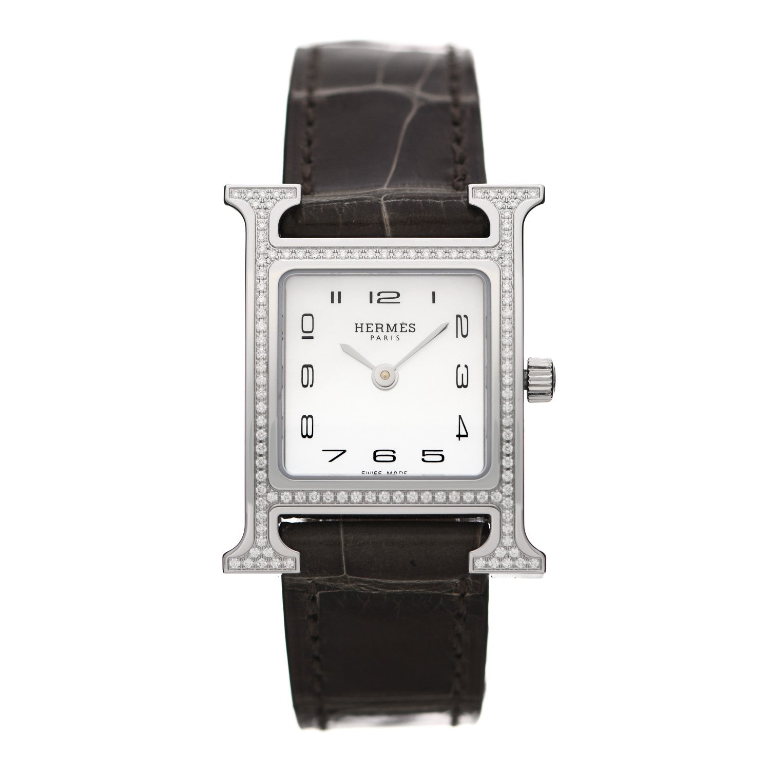 Hermes Stainless Steel Alligator Diamond Bezel Mother of Pearl 21mm Heure H Hour Quartz Watch Gris Elephant 1 of 5