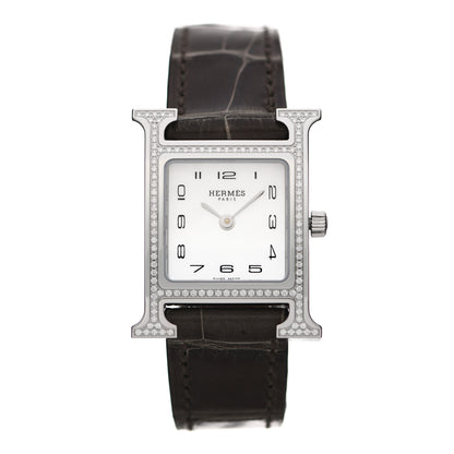 Hermes Stainless Steel Alligator Diamond Bezel Mother of Pearl 21mm Heure H Hour Quartz Watch Gris Elephant 1 of 5