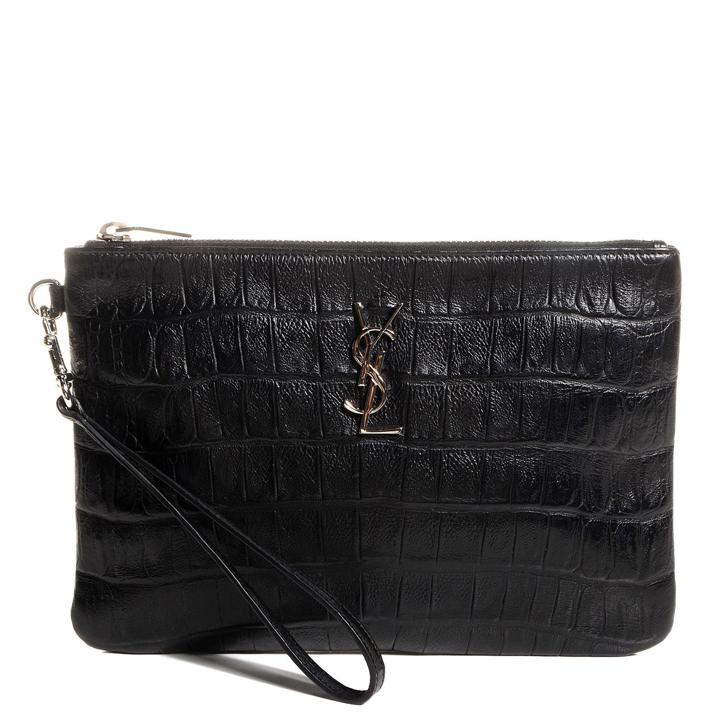 Calfskin Crocodile Embossed Monogram Zip Pouch Black