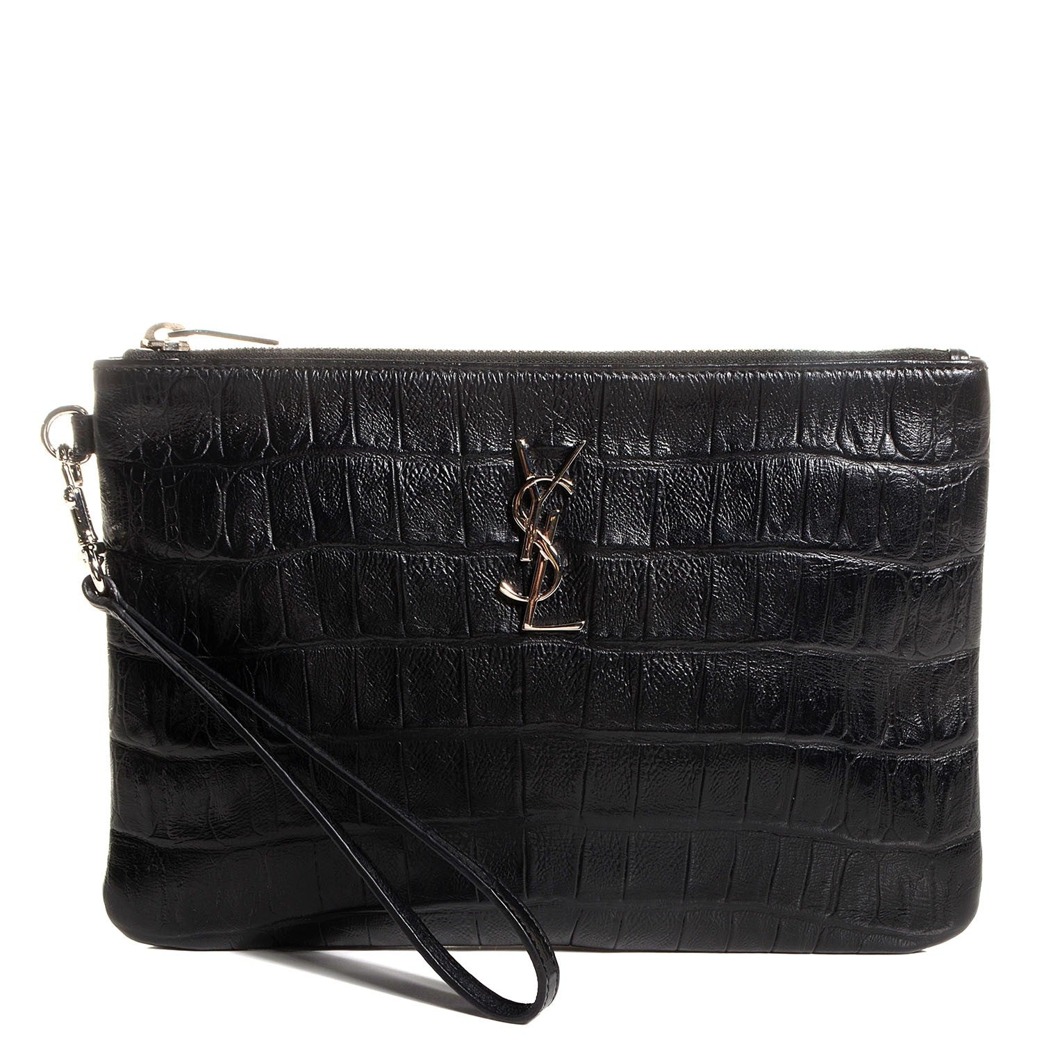 Saint Laurent Calfskin Crocodile Embossed Monogram Zip Pouch Black 1 of 9