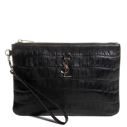 Saint Laurent Calfskin Crocodile Embossed Monogram Zip Pouch Black 1 of 9