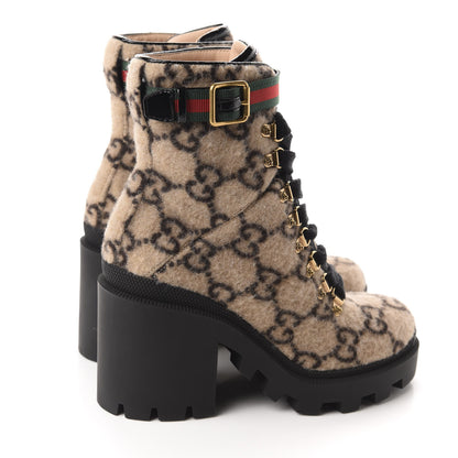 Gucci Covered Wool GG Monogram Womens Lace Up Combat Ankle Boots 37 Beige Ebony Black 4 of 9