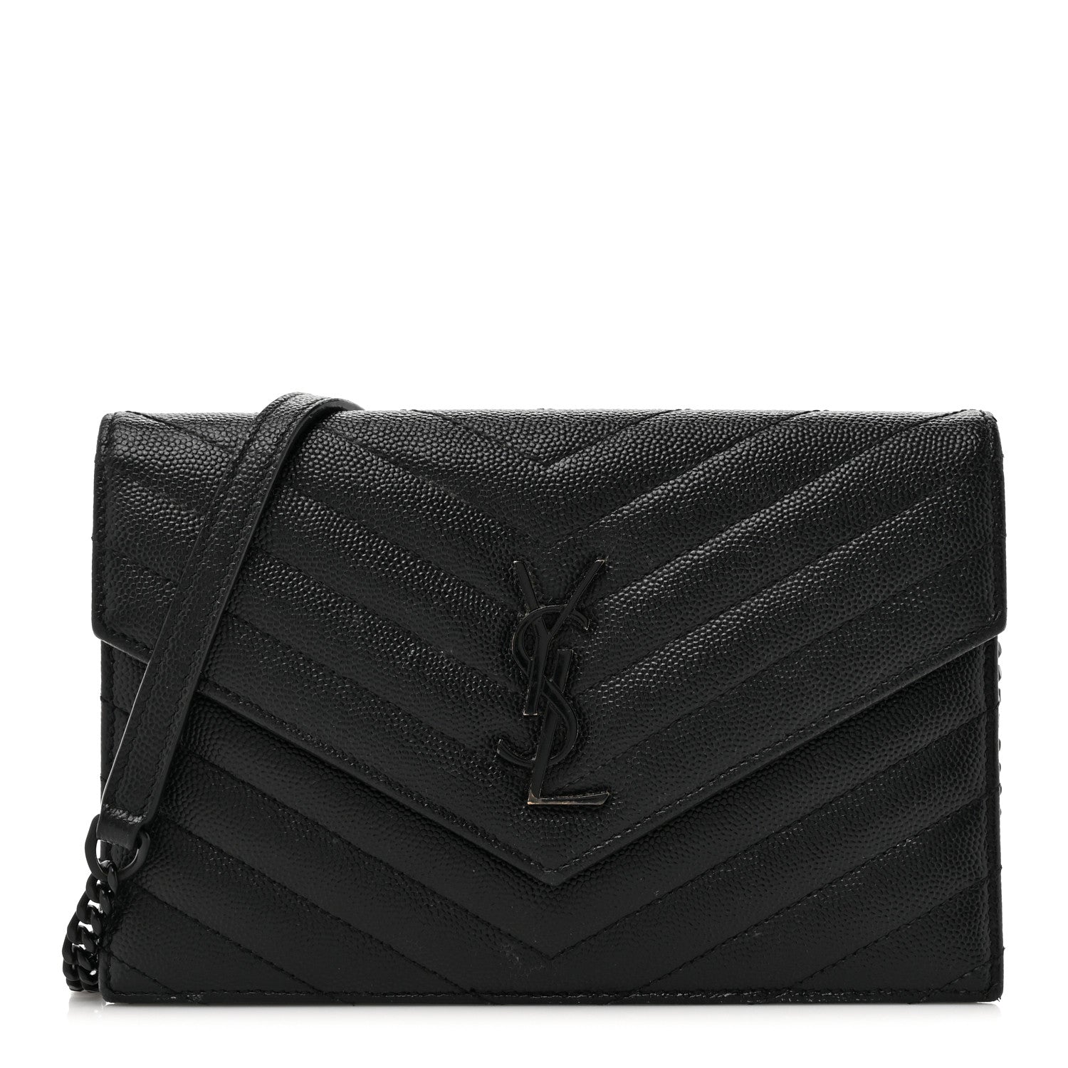 Saint Laurent Grain De Poudre Matelasse Chevron Monogram Monochrome Envelope Chain Wallet Black 1 of 20