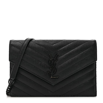 Saint Laurent Grain De Poudre Matelasse Chevron Monogram Monochrome Envelope Chain Wallet Black 1 of 20