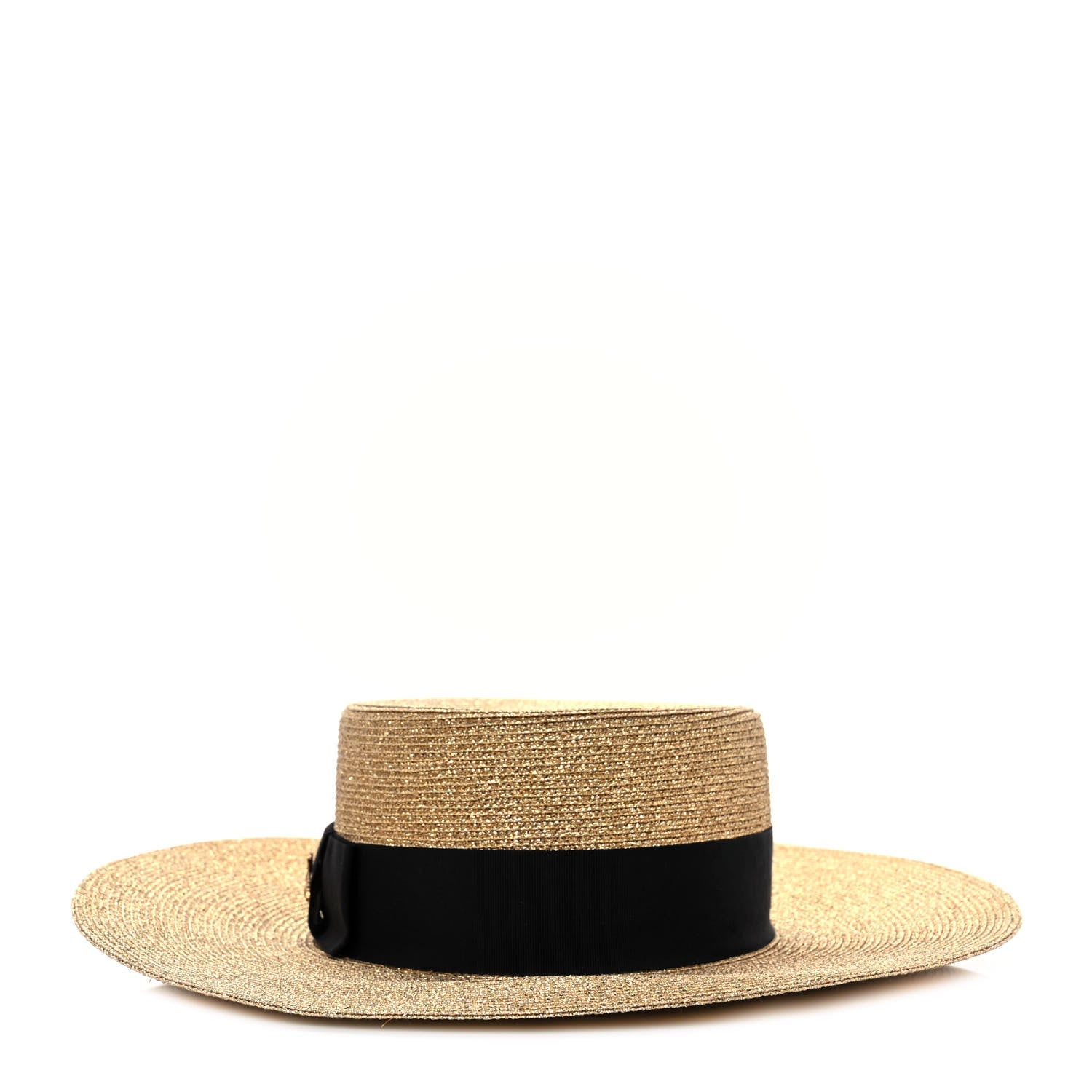 Gucci Glittered Straw Grosgrain Wide Brim Hat S Gold Black 1 of 9
