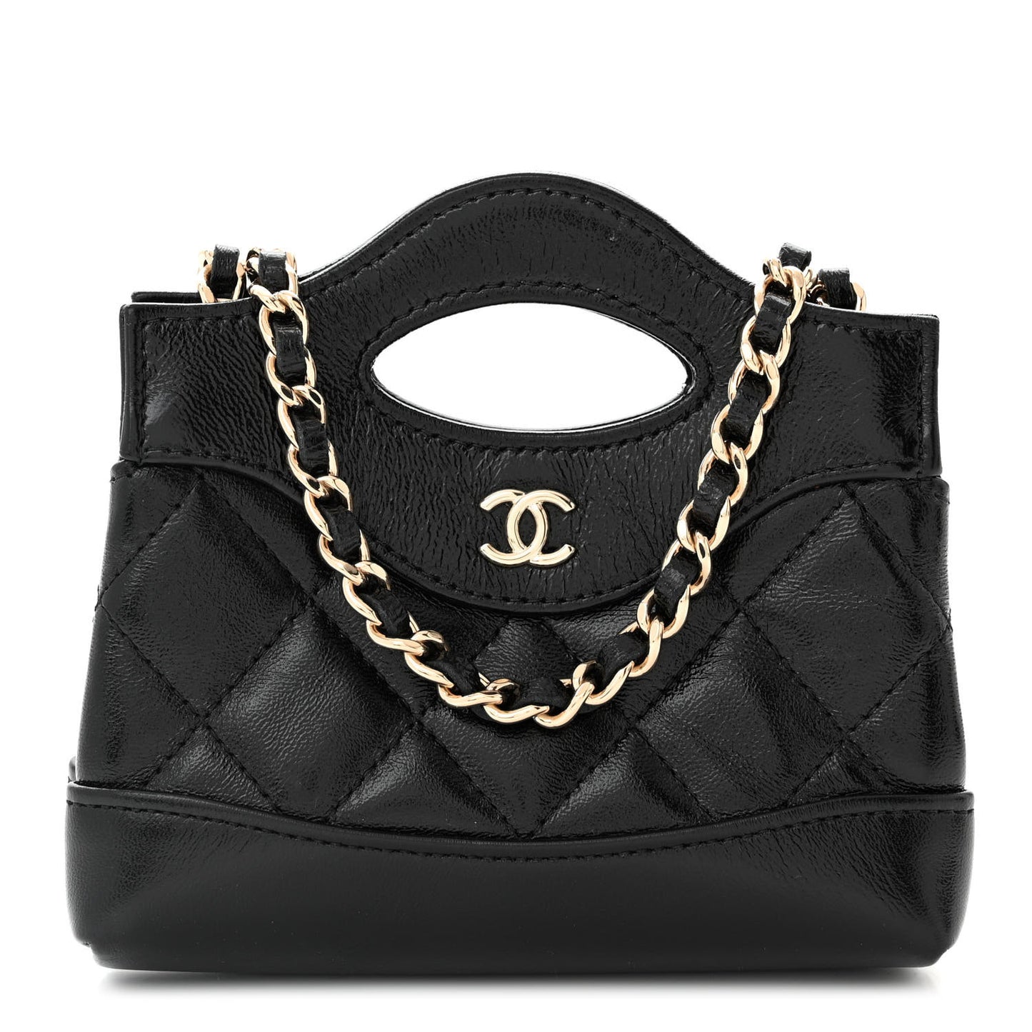 Shiny Lambskin Quilted Micro 31 Clutch With Chain Black