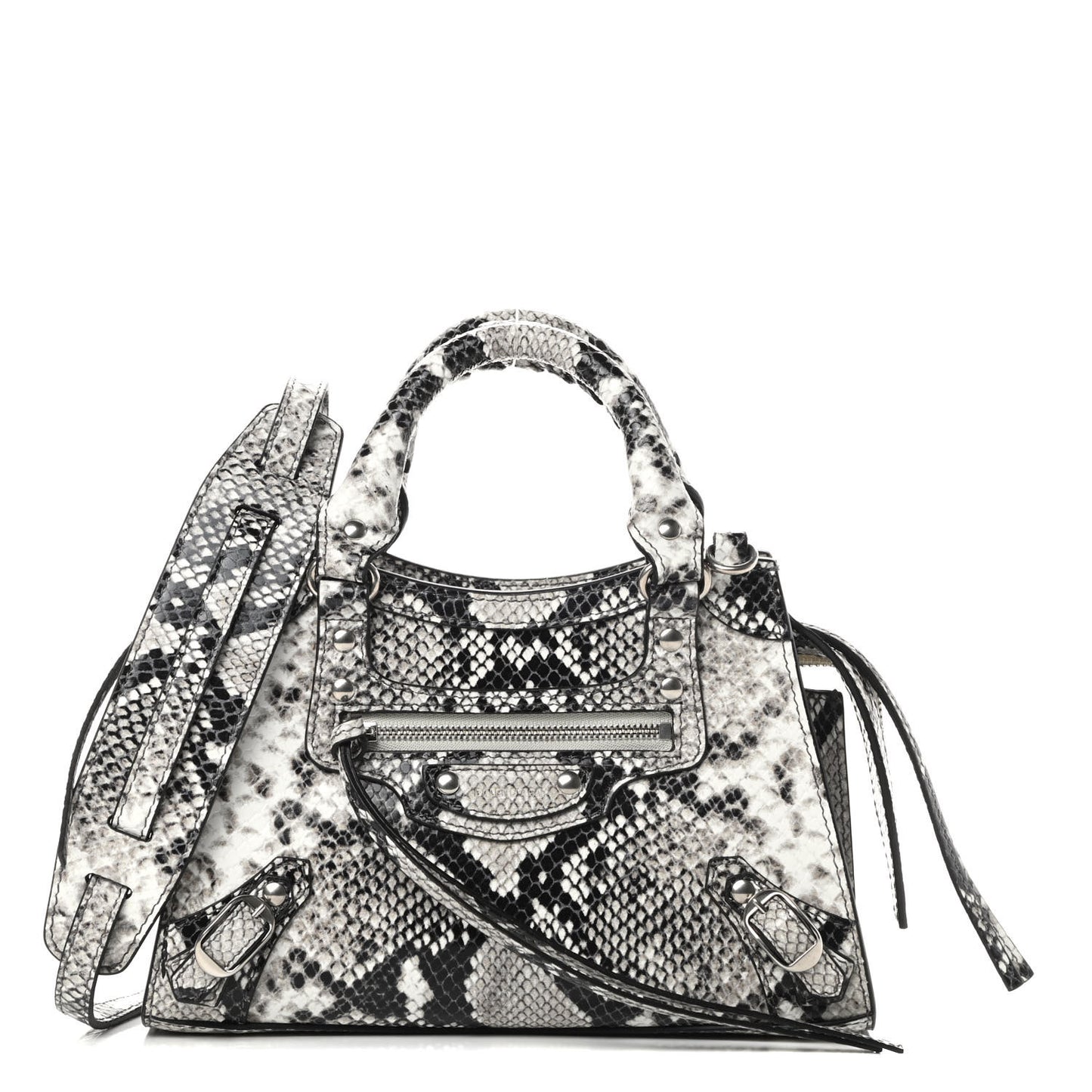 Grained Calfskin Snake Effect Neo Classic Silver Hardware Mini City Black White