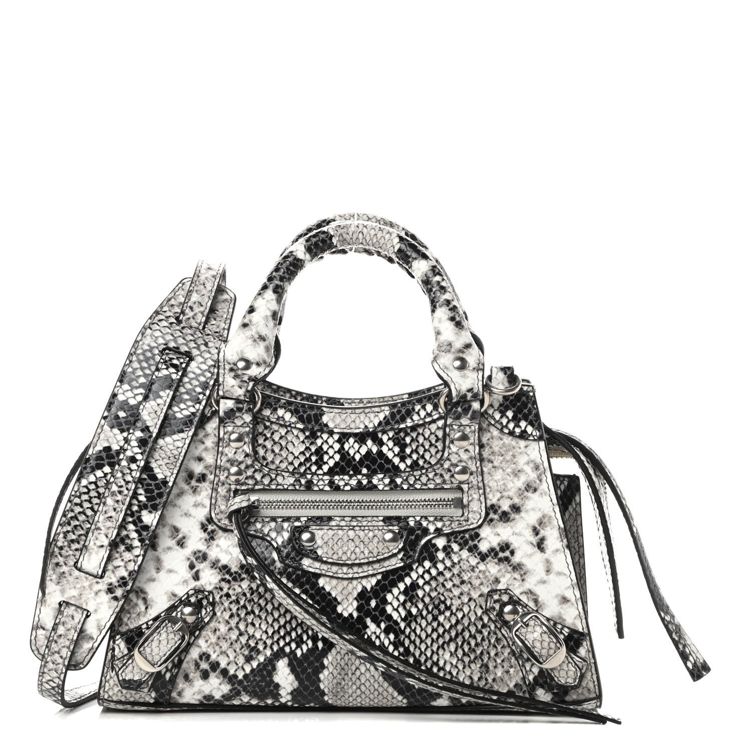 Balenciaga Grained Calfskin Snake Effect Neo Classic Silver Hardware Mini City Black White 1 of 10