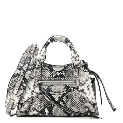 Balenciaga Grained Calfskin Snake Effect Neo Classic Silver Hardware Mini City Black White 1 of 10