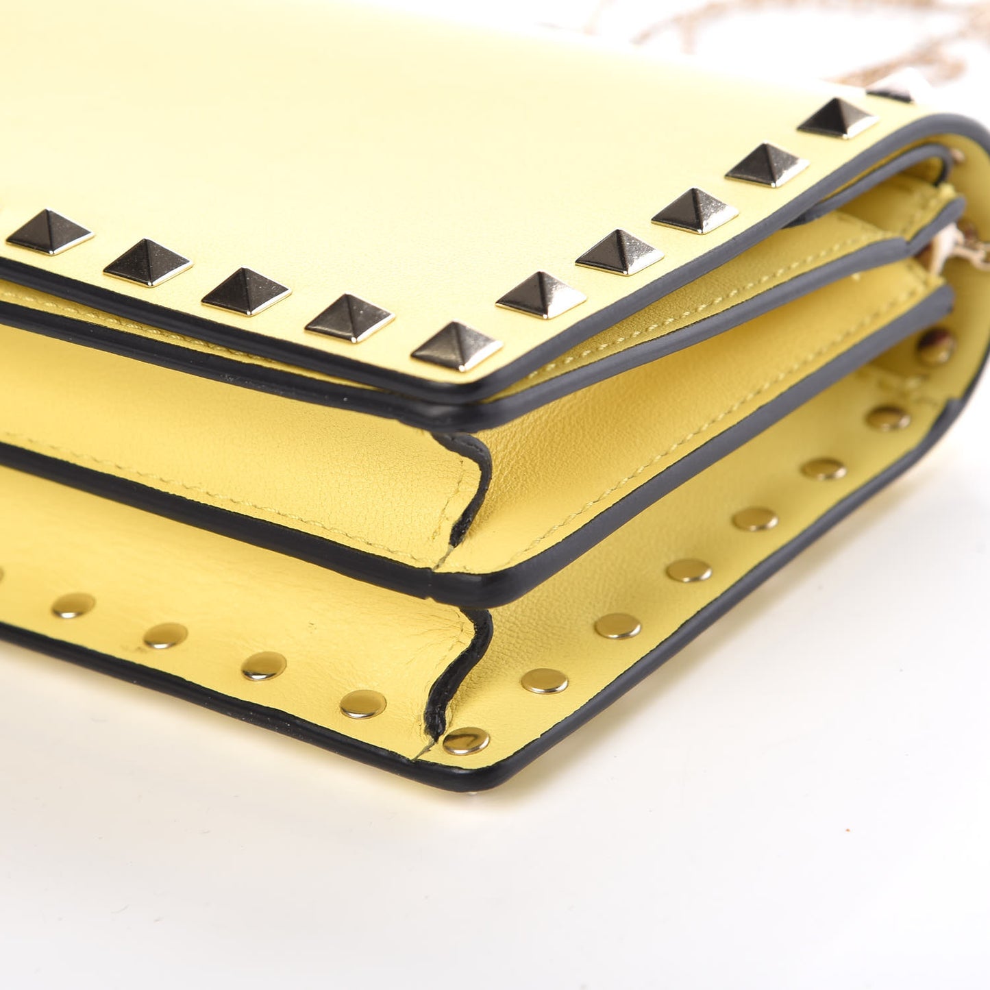Calfskin Rockstud Wallet on Chain Light Yellow