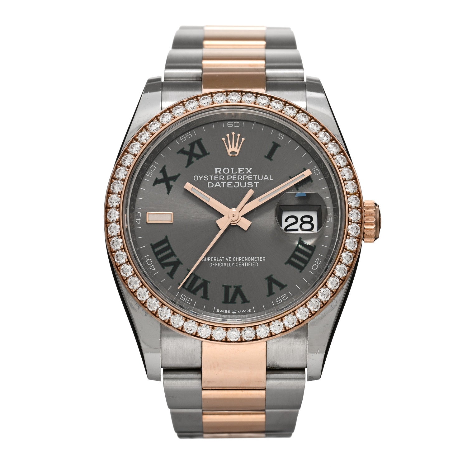 Rolex Stainless Steel 18K Everose Gold Diamond Bezel 36mm Oyster Perpetual Wimbledon Datejust Watch Slate 126281RBR 1 of 5
