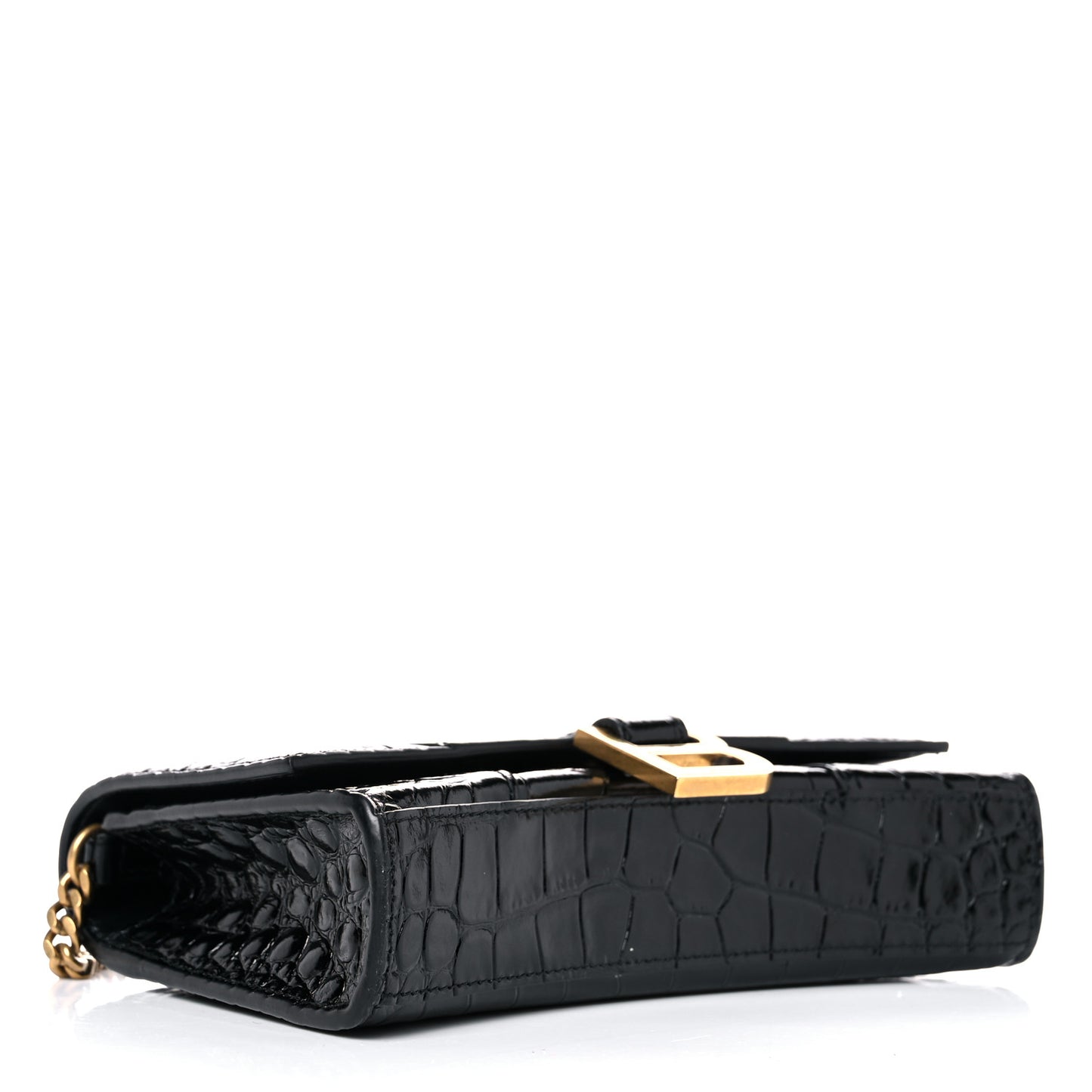 Shiny Calfskin Crocodile Embossed Hourglass Chain Bag Black