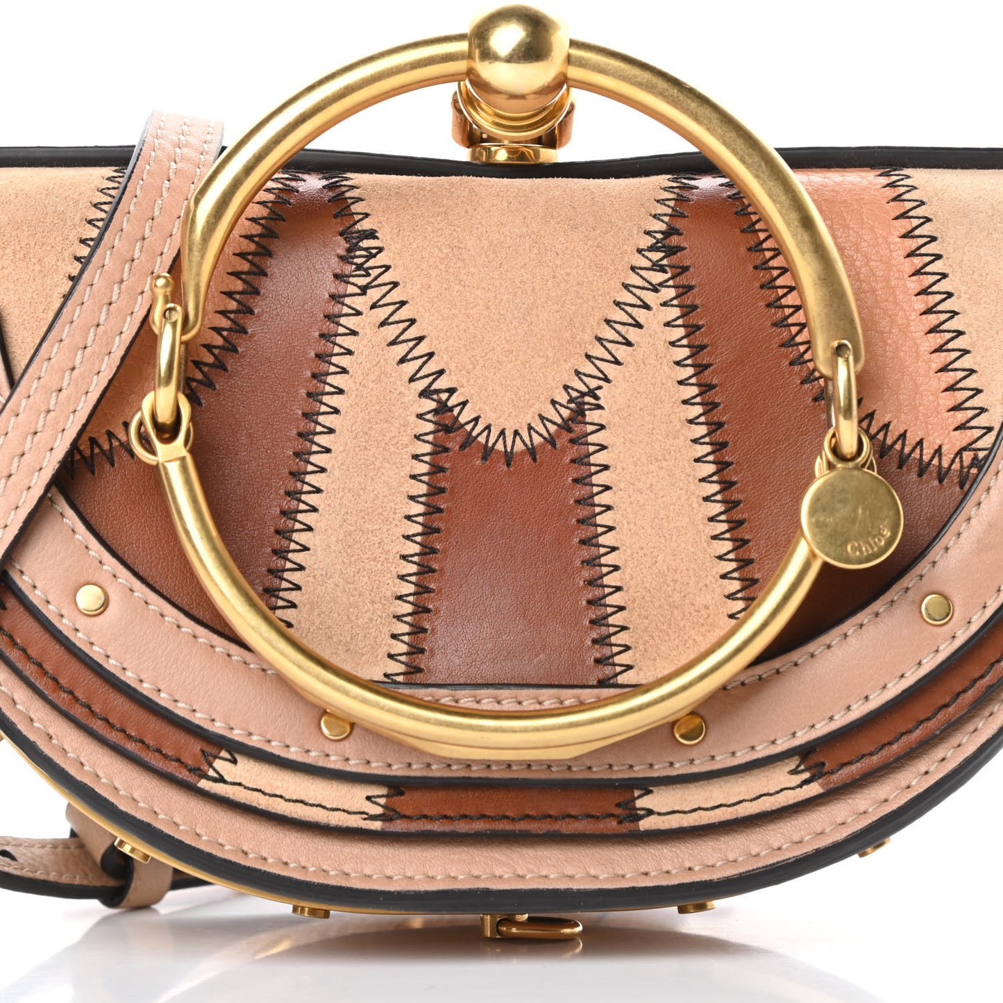 Calfskin Suede Patchwork Small Nile Bracelet Minaudiere Bag Beige Brown